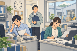 電話対応や書類の転記など、日々の事務作業に取り組む製造業の従業員たち