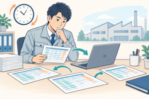 複数の表を見比べ、毎月の転記作業に取り組む担当者