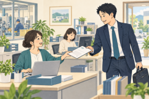 見積資料を準備した営業支援担当者が、外出する営業担当者へ書類を渡している