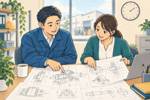 二人の従業員が機械の図面を広げ、互いに指し示しながら話し合っている