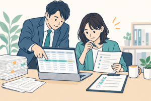担当者同士で集計結果と元資料を照合し、確認する様子